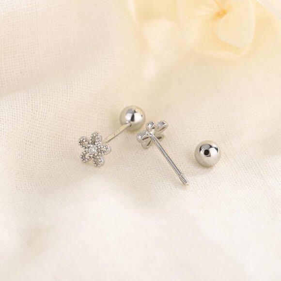 Silvery Metal CZ Flower Stud Earrings for Women, Mini Floral, Screw Back, Gift B - Picture 4 of 6